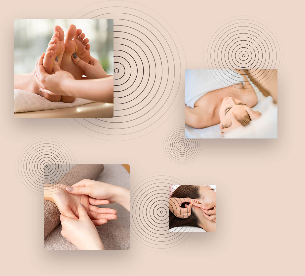 A collage of images with therapists providing reflexology massage treatments