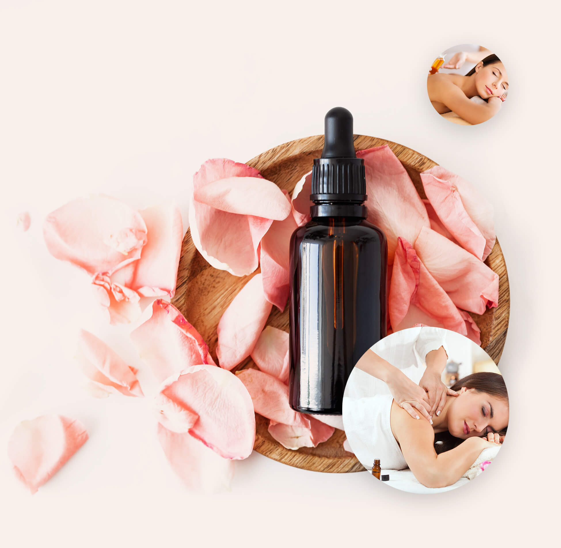 Birds eye view of a brown glass bottle containing essential oils on a bed of petals in a woodden bowl.
